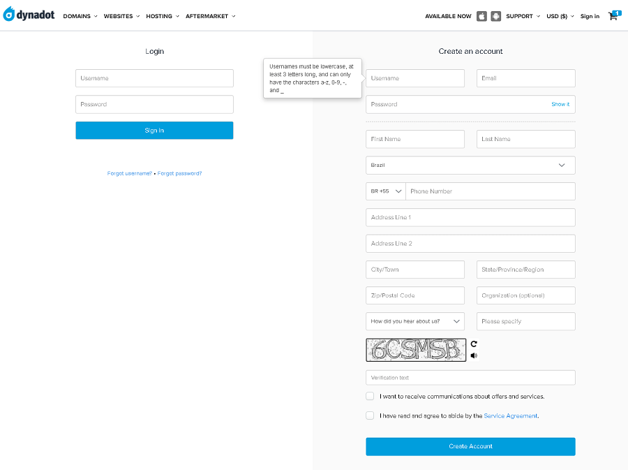 Preencha seus dados para criar sua conta na Dynadot