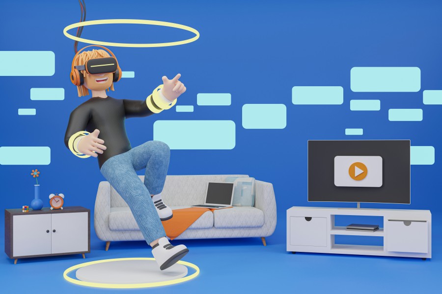 3D cartoon charecter Man wearing technology and touching virtual reality in house, Metaverse, Into the future, game - 3D render illustration